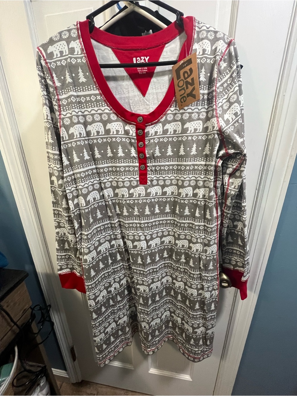 Lazy One Gray & Red Bear Pattern Henley Nightshirt